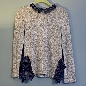 Monteau Heathered Grey Long Sleeve Ruffle Navy Polka Dots Collared Shirt Sz S